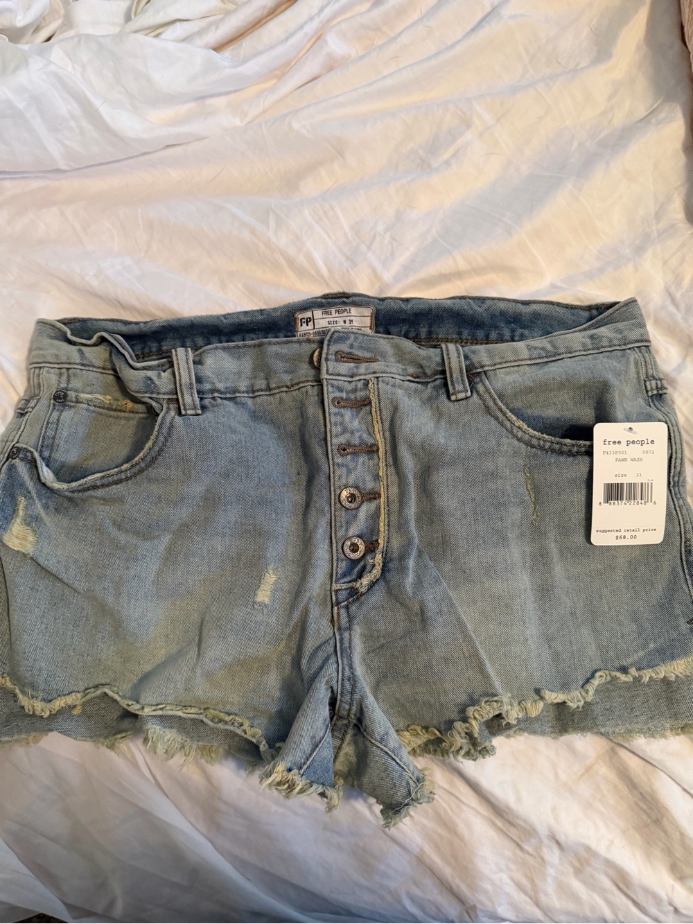 Free People Light Blue Distressed Button-Fly Denim Shorts